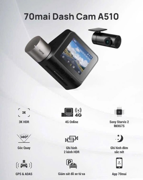 Camera Hành Trình 70mai A510 – Nâng Cấp Hoàn Hảo Với Ghi Hình Trước & Sau