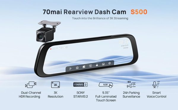 Camera Hành Trình Gương 70mai S500 – Camera Trước Sau, Chống Nước, Tích Hợp GPS