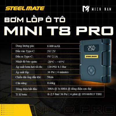 Bơm lốp ô tô Steelmate T8 Pro kiêm kích nổ