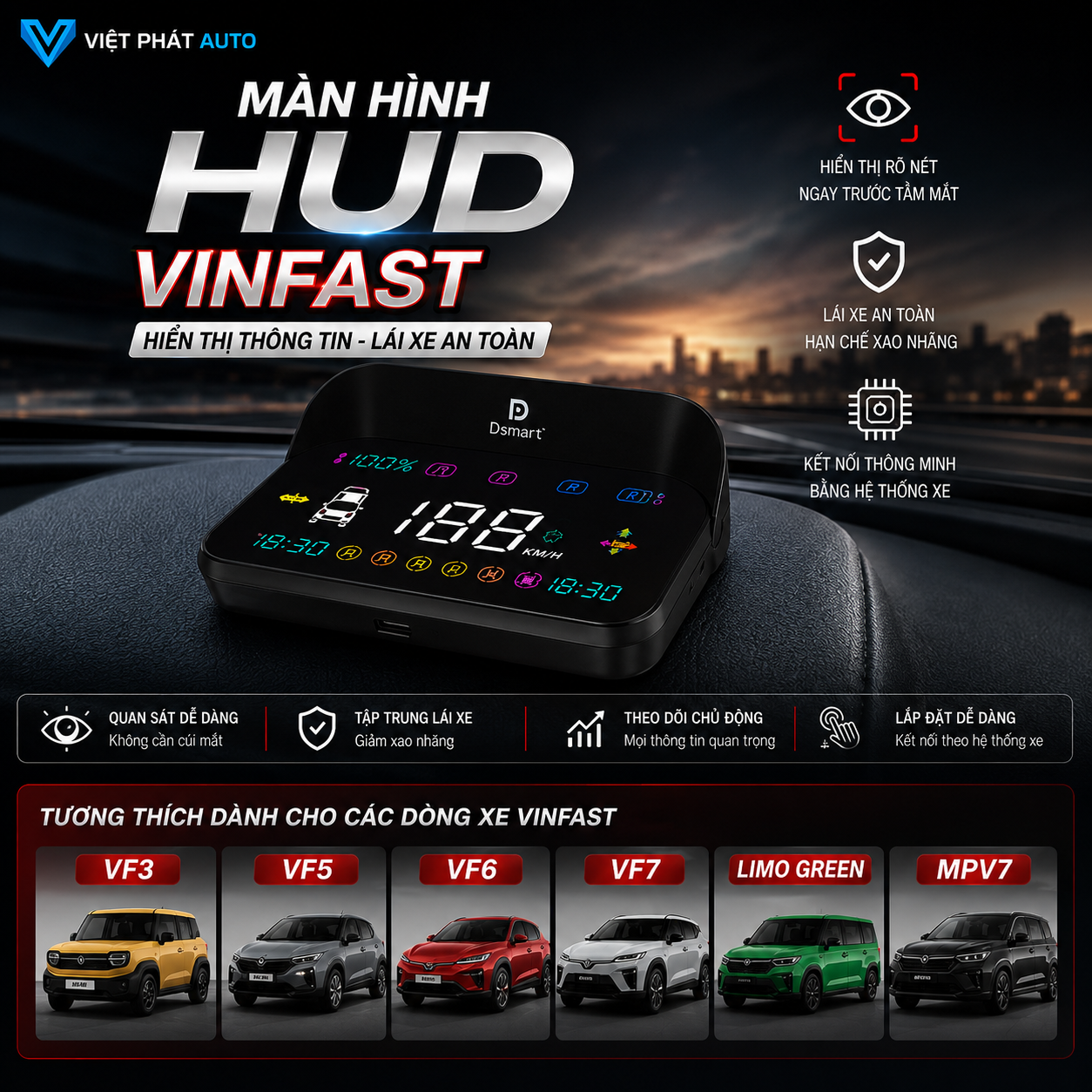 MÀN HÌNH HUD VINFAST VF3, VF5, VF6, VF7, LIMO GREEN, MPV7